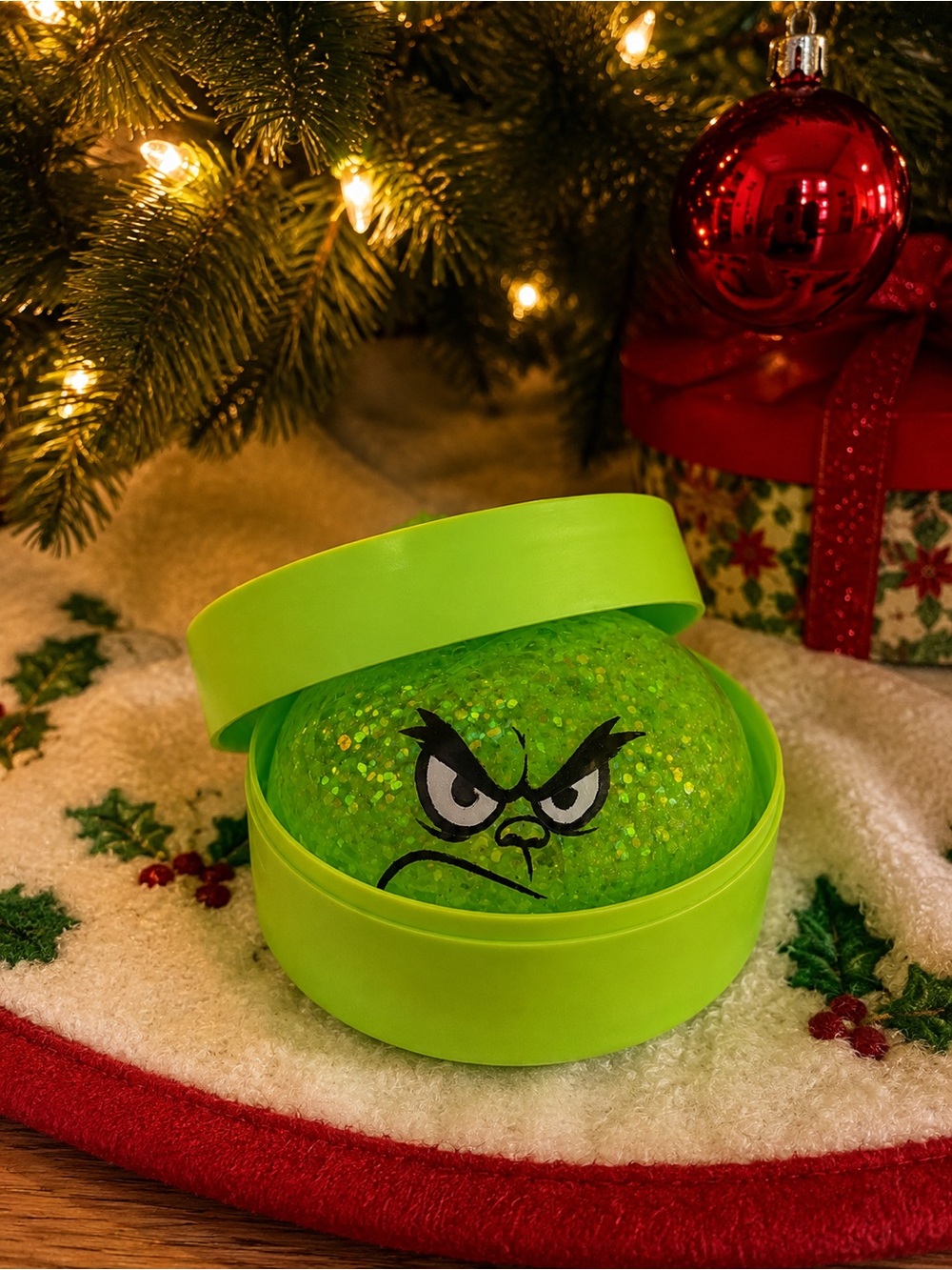 Grinch Angry Face Dumpling Glitter Squishy – Green Holiday Sensory Toy